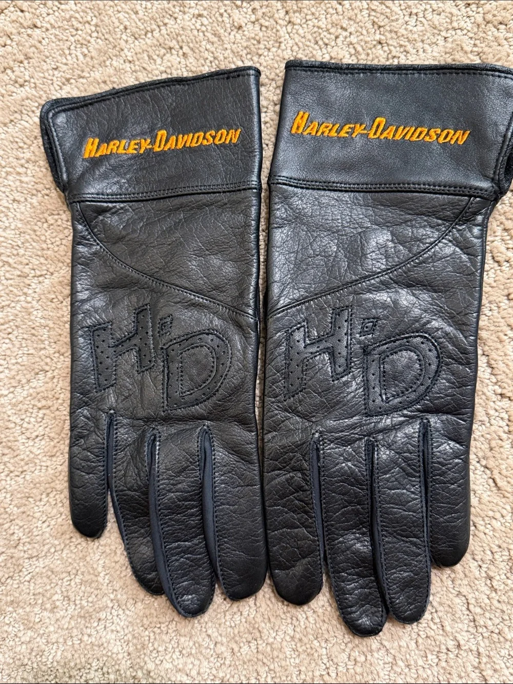 Harley-Davidson Black Leather Riding Gloves with Orange logo
